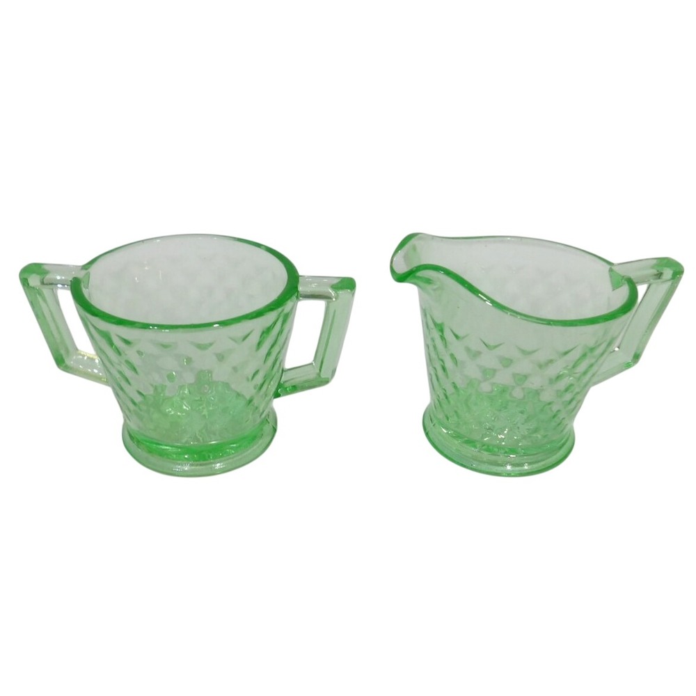 Vintage Green Depression Glass Creamer and Sugar Bowl Set Diamond Point Pattern